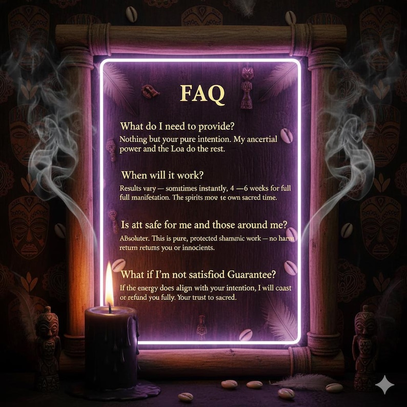 May include: A rectangular sign with a glowing purple neon border framed by wooden pillars, featuring the text FAQ, What do I need to provide?, When will it work?, Is att safe for me and those around me?, and What if I'm not satisfiod Guarantee? with a candle.