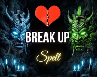 Puede incluir: Dos máscaras ornamentadas, una en tonos azules y otra en tonos verdes, flanquean un corazón rojo roto. El texto dice "Same day. Photo proof. Free recast", "BREAK UP" y "Spell". Seis velas negras con llamas brillantes están debajo.