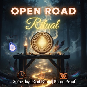 Może przedstawiać: Obraz z tekstem "OPEN ROAD Ritual". Przedstawia świecący okrągły obiekt z runami, zapaloną świecę i niebieski wisiorek w kształcie oka. Scena rozgrywa się w mistycznym lesie z piórami i drewnianym stołem.