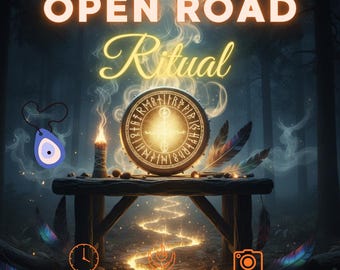 Puede incluir: Un tambor circular con símbolos rúnicos sobre una mesa de madera en un bosque oscuro. El texto dice OPEN ROAD Ritual. Un colgante de ojo turco azul está a la izquierda. Abajo hay iconos de reloj, manos con fuego y cámara con el texto Same day | Real Ritual | Photo Proof.