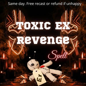 May include: A beige fabric doll with black stitched features and a red heart patch, pierced by several straight pins. A tan tag labeled Ex is attached. The background features two glowing orange tribal masks and black candles with text.