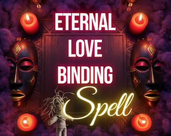 Puede incluir: Una superficie de madera oscura con dos máscaras talladas con detalles dorados, cuatro velas rojas y una pequeña muñeca de tela. El texto dice ETERNAL LOVE BINDING Spell y Same day + Photo proof, rodeado de humo púrpura y efectos de luz.