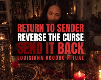 Puede incluir: Un escenario ritual con velas rojas, un cuenco de madera con contenido oscuro y cartas de juego sobre una mesa. El texto dice: RETURN TO SENDER, REVERSE THE CURSE, SEND IT BACK, LOUISIANA VOODOO RITUAL. La escena tiene una luz tenue.