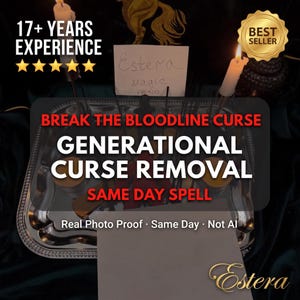 May include: A silver-toned rectangular tray holds two lit white candles and a small white card with the handwritten text Estera Magic Voodoo. Overlaid text reads 17+ YEARS EXPERIENCE, BEST SELLER, BREAK THE BLOODLINE CURSE, GENERATIONAL CURSE REMOVAL, SAME DAY SPELL, Real Photo Proof, Same Day, Not AI, and Estera.