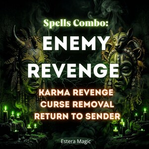 Puede incluir: Dos máscaras tribales de color verde oscuro adornadas con tallas intrincadas y plumas se muestran sobre un fondo ahumado. El texto dice: Spells Combo: ENEMY REVENGE, KARMA REVENGE, CURSE REMOVAL, RETURN TO SENDER y Estera Magic, con velas verdes.
