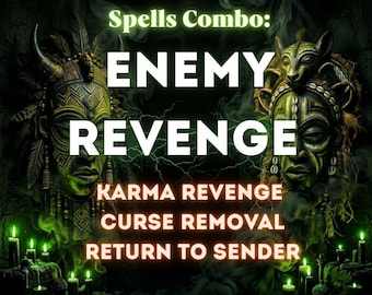 Puede incluir: Dos máscaras tribales de color verde oscuro adornadas con tallas intrincadas y plumas se muestran sobre un fondo ahumado. El texto dice: Spells Combo: ENEMY REVENGE, KARMA REVENGE, CURSE REMOVAL, RETURN TO SENDER y Estera Magic, con velas verdes.