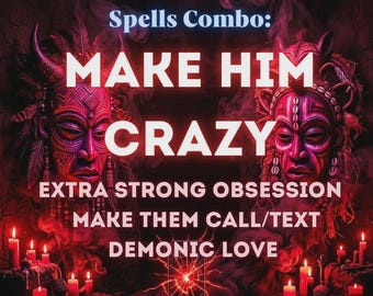 Puede incluir: Un gráfico digital con dos máscaras tribales ornamentadas en tonos rojos con tallas intrincadas, rodeadas de velas rojas brillantes y humo. El texto dice: Spells Combo: MAKE HIM CRAZY, EXTRA STRONG OBSESSION, MAKE THEM CALL/TEXT, DEMONIC LOVE, Estera Magic.