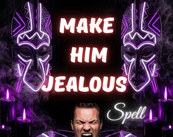 Puede incluir: Dos máscaras talladas oscuras delineadas con luz de neón púrpura brillante flanquean el texto MAKE HIM JEALOUS Spell. Debajo, una persona con expresión de boca abierta está centrada. Varias velas negras con llamas encendidas están en primer plano.