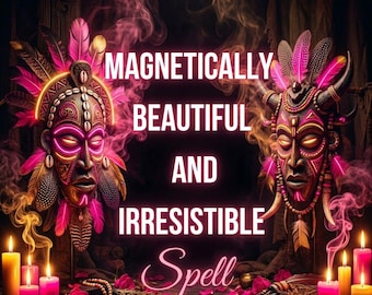 Puede incluir: Dos máscaras ornamentadas con detalles brillantes en rosa y plumas, rodeadas de humo rosa y velas encendidas. Texto: Same day. Photo proof. Free recast. MAGNETICALLY BEAUTIFUL AND IRRESISTIBLE Spell. La escena incluye pétalos de rosa.