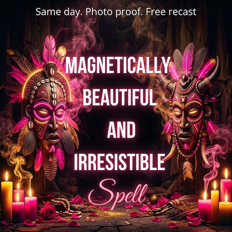 May include: Two ornate masks with pink glowing accents and feathers, surrounded by pink smoke and lit candles. Text reads: Same day. Photo proof. Free recast. MAGNETICALLY BEAUTIFUL AND IRRESISTIBLE Spell. The scene features scattered rose petals.