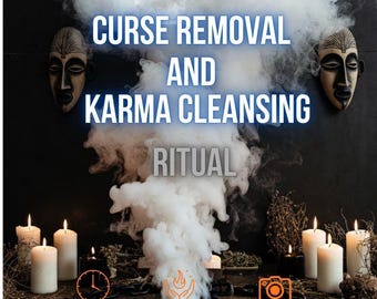 Puede incluir: Dos máscaras de madera tallada montadas en una pared negra sobre una densa columna de humo blanco. Seis velas blancas de pilar están dispuestas debajo, con una cadena de metal negro rodeando la base. Texto: CURSE REMOVAL AND KARMA CLEANSING RITUAL.