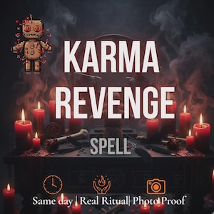 Puede incluir: Una escena de altar oscuro con velas rojas, humo y un gráfico de muñeco vudú pixelado. El texto dice KARMA REVENGE SPELL, Same day | Real Ritual | Photo Proof. La composición incluye símbolos ocultos, huesos e iconos de reloj, llama y cámara.