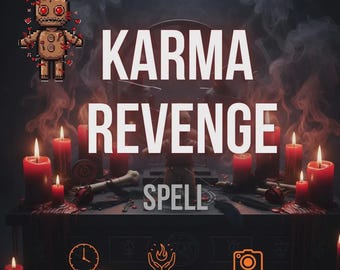 Puede incluir: Una escena de altar oscuro con velas rojas, humo y un gráfico de muñeco vudú pixelado. El texto dice KARMA REVENGE SPELL, Same day | Real Ritual | Photo Proof. La composición incluye símbolos ocultos, huesos e iconos de reloj, llama y cámara.