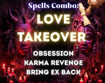 Puede incluir: Dos máscaras tribales ornamentadas, púrpuras y rojas, con cuernos y plumas, rodeadas de velas rojas brillantes y humo. Texto: Spells Combo: LOVE TAKEOVER, OBSESSION, KARMA REVENGE, BRING EX BACK, Estera Magic. Una mano coloca una pieza de ajedrez.