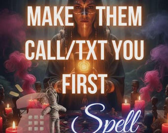 Puede incluir: Un gráfico digital con una persona de cabello oscuro y marcas faciales sosteniendo un objeto brillante. El texto dice: Same day + Photo proof, MAKE THEM CALL/TXT YOU FIRST y Spell. Una pequeña muñeca sobre una alfombra ritual roja con velas.