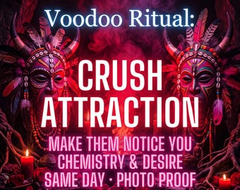 May include: Two ornate, colourful masks with horns and feathers are positioned symmetrically against a dark, smoky red background. The text reads: Voodoo Ritual: CRUSH ATTRACTION MAKE THEM NOTICE YOU CHEMISTRY & DESIRE SAME DAY - PHOTO PROOF Estera Magic.