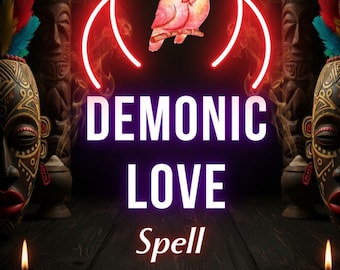 Puede incluir: Un gráfico digital que muestra dos pájaros rosas posados juntos sobre el texto DEMONIC LOVE Spell. El diseño incluye dos máscaras de madera tallada con plumas coloridas, dos velas rojas encendidas y un arco de neón rojo sobre un fondo oscuro.