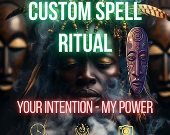 Puede incluir: Una persona de piel oscura con los ojos cerrados está rodeada de humo azul y plumas. El texto CUSTOM SPELL RITUAL y YOUR INTENTION - MY POWER aparece en blanco y rojo. También se ven una máscara morada, un reloj, una llama y un icono de cámara.