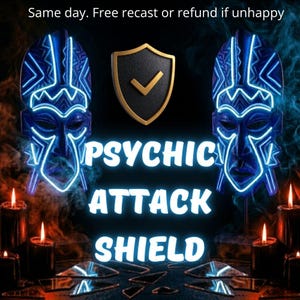 May include: Two dark blue masks with glowing light blue geometric patterns, positioned symmetrically. Between them is a black shield icon with a gold border and a checkmark. Text reads: PSYCHIC ATTACK SHIELD. Same day. Free recast or refund if unhappy.