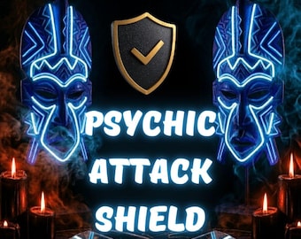 Puede incluir: Dos máscaras azul oscuro con patrones geométricos azul claro brillantes, colocadas simétricamente. Entre ellas hay un icono de escudo negro con borde dorado y una marca de verificación. Texto: PSYCHIC ATTACK SHIELD. Same day. Free recast or refund if unhappy.