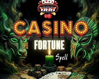 Puede incluir: Un gráfico digital con el texto ESTERA SPELLS SAME DAY + PHOTO PROOF, CASINO, FORTUNE y Spell. La imagen muestra un icono de máquina tragaperras con 777, dados, una vela verde, monedas de oro, cartas de juego y dos máscaras de animales.