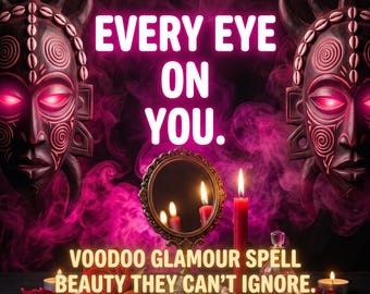 Puede incluir: Dos máscaras talladas de color marrón oscuro con ojos rojos brillantes flanquean un espejo ovalado central, una vela roja, un collar de perlas blancas y pétalos de rosa rojos. Texto: Same Day + Photo Proof, EVERY EYE ON YOU, VOODOO GLAMOUR SPELL BEAUTY THEY CAN'T IGNORE, Estera Magic.