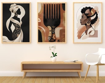 Afrocentric Wall Art Set, Black Woman Prints, Modern Boho Neutral Decor (Digital Download)