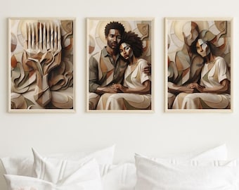 Afrocentric Wall Art Set, Abstract Couple Prints, Modern Cubist Decor (Digital Download)
