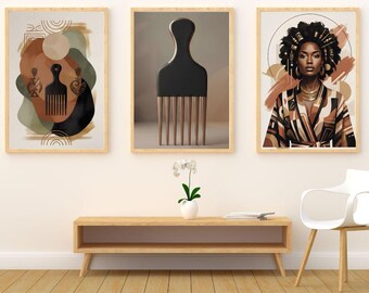Afrocentric Wall Art, Black Woman Portrait, African Comb Print, Boho Gallery Decor (Digital Download)
