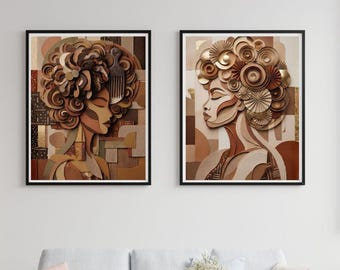 Afrocentric Abstract Black Woman Art Set, Boho Earth Tones Printable Decor (Digital Download)