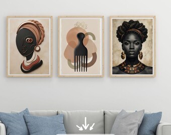 Afrocentric Wall Art Set, Black Woman Abstract Prints, Boho Neutral Decor (Digital Download)