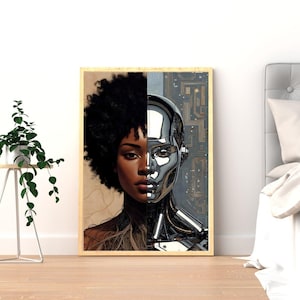 Afrofuturystyczna kobieta-cyborg, wydruk artystyczny, plakat science fiction Człowiek kontra sztuczna inteligencja (pobranie cyfrowe)