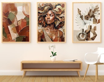 Set of 3 Abstract Prints, Boho Woman Portrait, Japandi Gallery Wall (Digital Download)