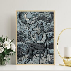 May include: A framed art print featuring a wolf in a waistcoat and trousers, smoking a pipe. The illustration is set against a night sky with a crescent moon, stars, and stylized clouds. The artwork has a vintage, whimsical style.