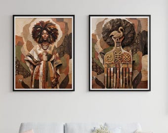 African American Wall Art Set, Afrocentric Woman, Afro Pick Decor, Boho Gallery (Digital Download)