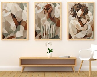 Abstract Mother Child Wall Art Set, Afrocentric Cubist Printable Decor (Digital Download)