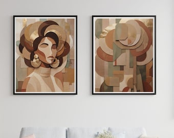 Set of 2 Abstract Neutral Wall Art Prints, Boho Geometric Gallery Decor (Digital Download)