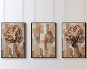 African American Wall Art Set, Afrocentric Abstract Neutral Beige (Digital Download)