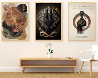 Afro Pick Wall Art Set, Black Heritage Decor, Afrocentric Gallery Prints (Digital Download)