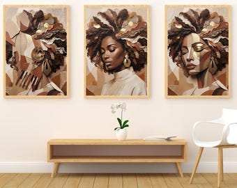 Set of 3 African American Abstract Portraits, Boho Neutral Wall Art (Digital Download)