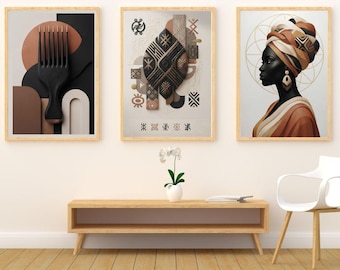 Set of 3 African Wall Art Minimalist Black Woman Boho Gallery Wall (Digital Download)