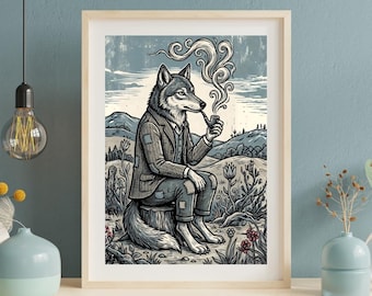 Smoking Wolf Printable Wall Art, Vintage Woodcut Animal Poster, Dark Academia Decor, Man Cave Bar Decor, Pack Of Three
