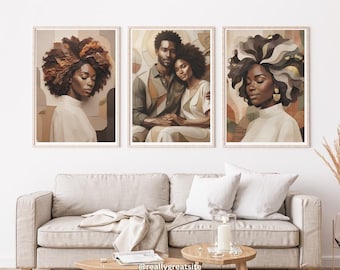 Afrocentric Wall Art Set, Black Woman Couple Decor, Modern Boho Gallery Prints (Digital Download)