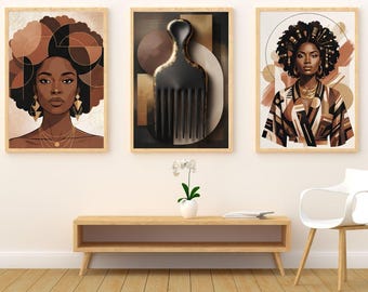 Afrocentric Wall Art Set, Black Woman Prints, Neutral Boho Decor (Digital Download)