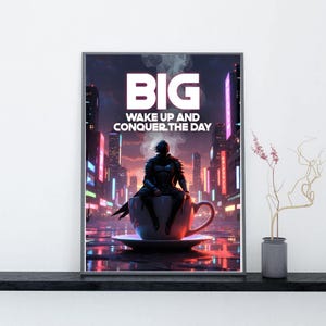 サイバーパンク風モチベーションウォールアート、目覚めて一日を征服するポスター、ネオンシティコーヒープリントデジタルダウンロード