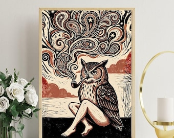 Owl Smoking Pipe Vintage Poster, Surreal Psychedelic Owl Print, Paisley Smoke Woodcut Art, Boho Dark Academia Wall Decor, Printable Download