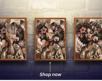 Abstract Botanical Woman Wall Art Set, Boho African Portrait Print (Digital Download)