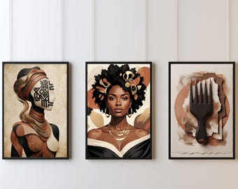 Afrocentric Wall Art Set, Black Woman Abstract Gallery, Boho Neutral Decor (Digital Download)