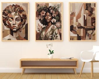 Afrocentric Wall Art Set, Neutral Black Woman Collage Prints (Digital Download)