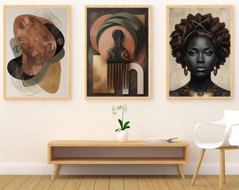 Afrocentric Wall Art Set, Black Woman Portrait, Abstract African Decor (Digital Download)